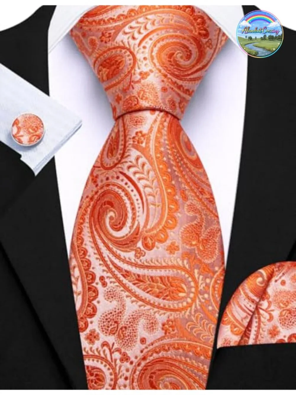 Silk Textured Woven Tie Set with Hanky & Cufflinks - 6 Piece Business Wedding